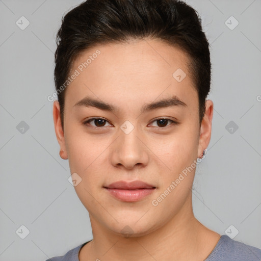 Joyful asian young-adult female with short  brown hair and brown eyes