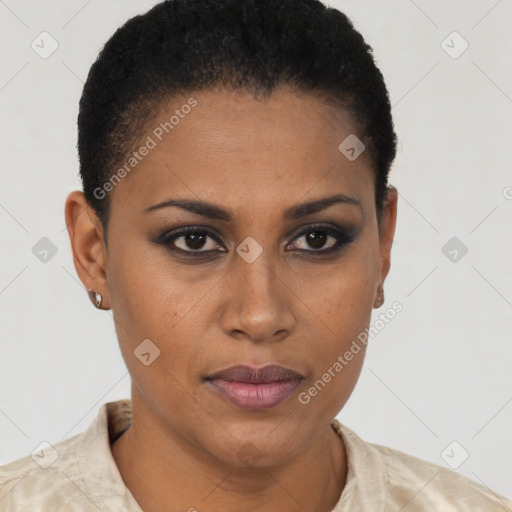 Neutral black young-adult female with short  brown hair and brown eyes