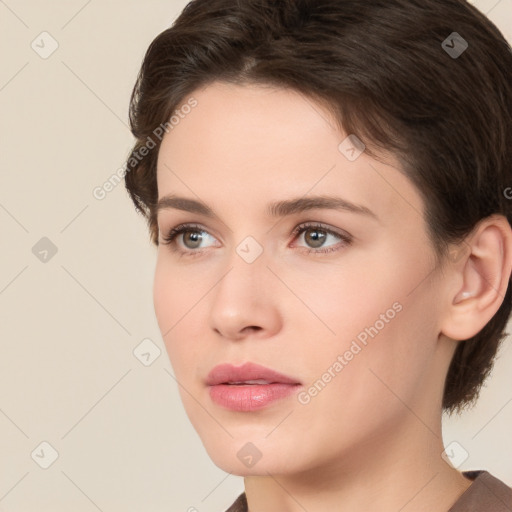 Neutral white young-adult female with short  brown hair and brown eyes