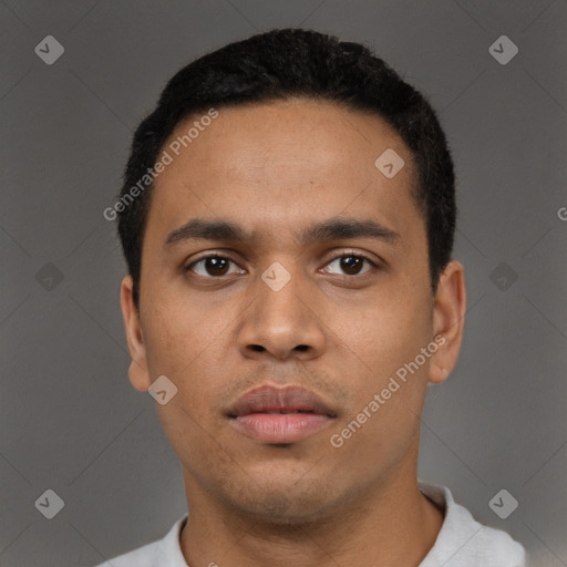 Neutral latino young-adult male with short  black hair and brown eyes