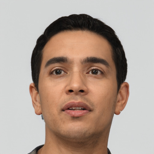 Neutral asian young-adult male with short  black hair and brown eyes