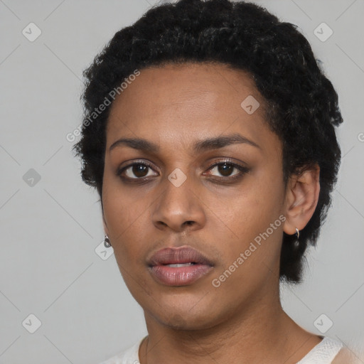 Neutral black young-adult female with short  black hair and brown eyes