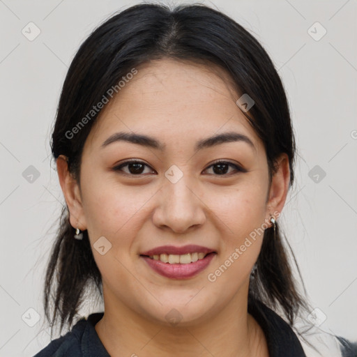 Joyful asian young-adult female with medium  brown hair and brown eyes