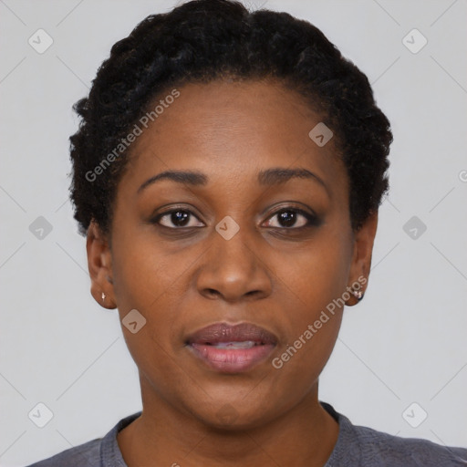 Neutral black young-adult female with short  black hair and brown eyes