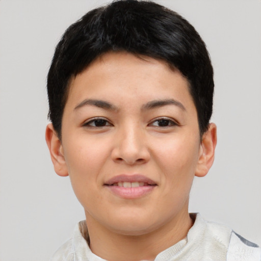 Joyful asian young-adult female with short  black hair and brown eyes