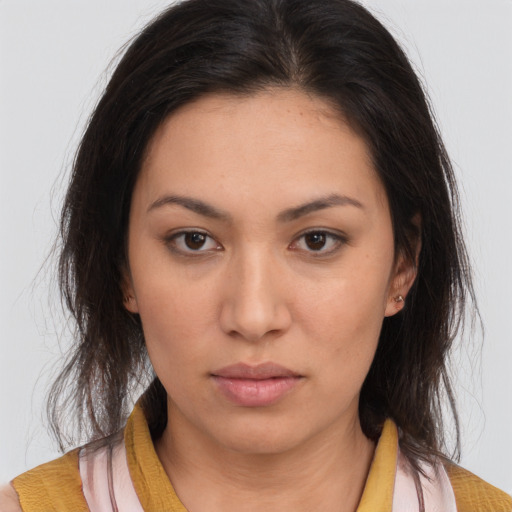 Neutral asian young-adult female with medium  brown hair and brown eyes