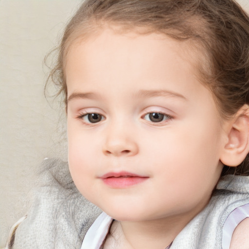 Joyful white child female with medium  brown hair and blue eyes