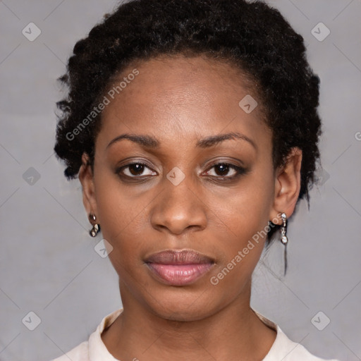 Neutral black young-adult female with short  black hair and brown eyes