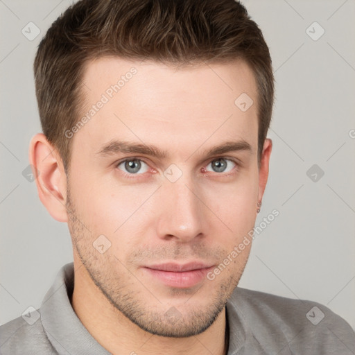 Neutral white young-adult male with short  brown hair and grey eyes