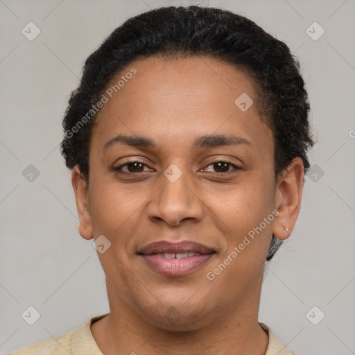 Joyful latino adult female with short  brown hair and brown eyes