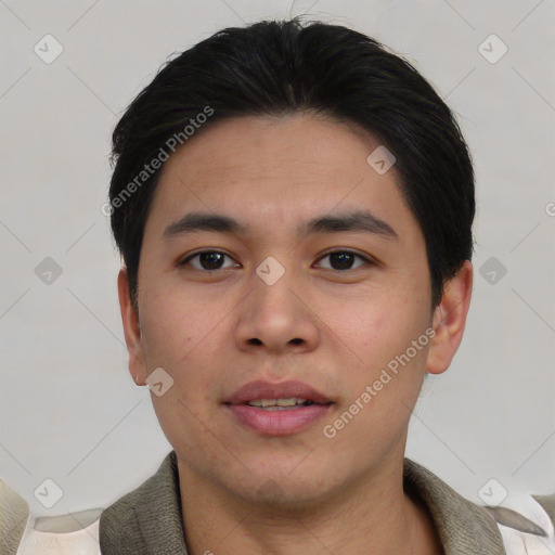 Neutral asian young-adult male with short  black hair and brown eyes