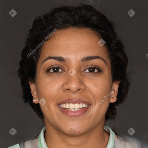 Joyful latino young-adult female with short  brown hair and brown eyes