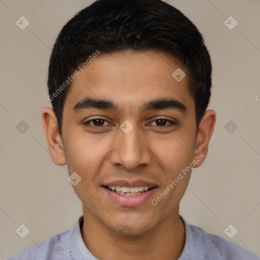 Joyful latino young-adult male with short  black hair and brown eyes