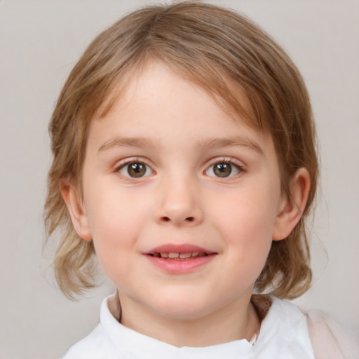 Joyful white child female with medium  brown hair and blue eyes