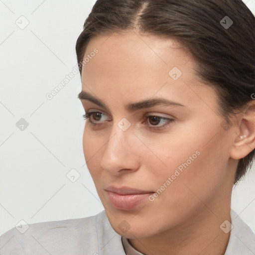 Neutral white young-adult female with short  brown hair and brown eyes