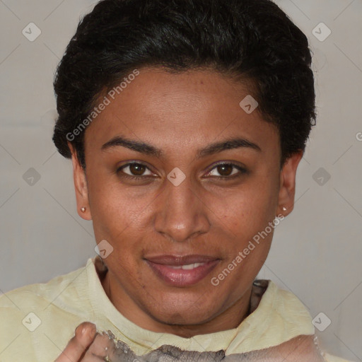 Joyful latino young-adult female with short  brown hair and brown eyes