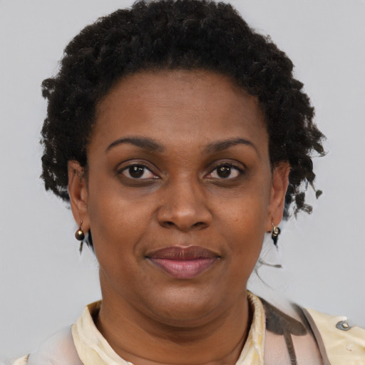 Joyful black young-adult female with short  brown hair and brown eyes
