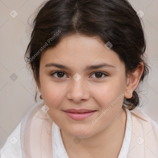 Joyful white child female with medium  brown hair and brown eyes