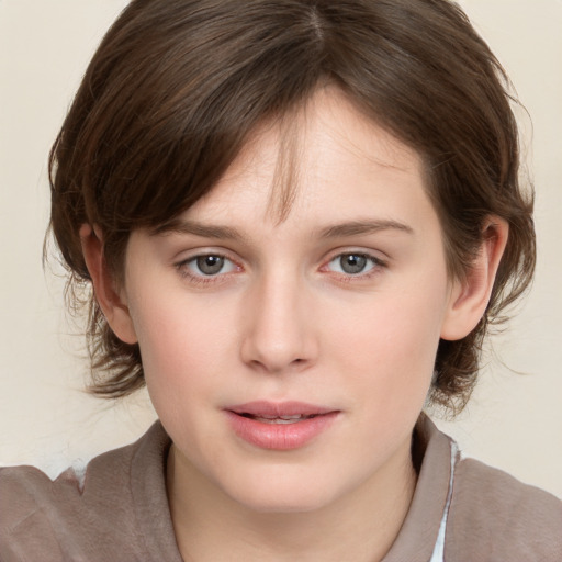 Neutral white young-adult female with medium  brown hair and grey eyes