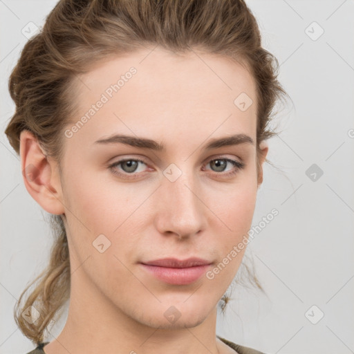 Neutral white young-adult female with medium  brown hair and grey eyes