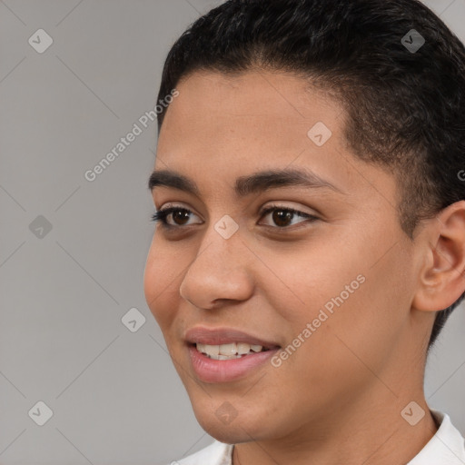 Joyful white young-adult female with short  brown hair and brown eyes