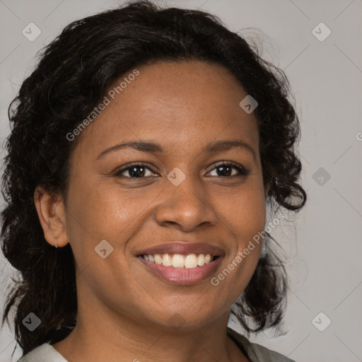 Joyful black young-adult female with medium  brown hair and brown eyes