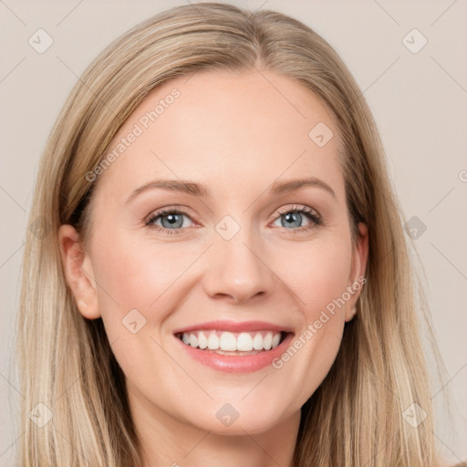 Joyful white young-adult female with long  brown hair and grey eyes