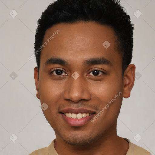 Joyful latino young-adult male with short  black hair and brown eyes