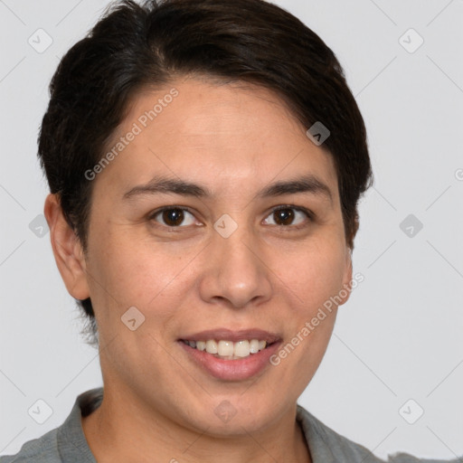 Joyful white young-adult female with short  brown hair and brown eyes