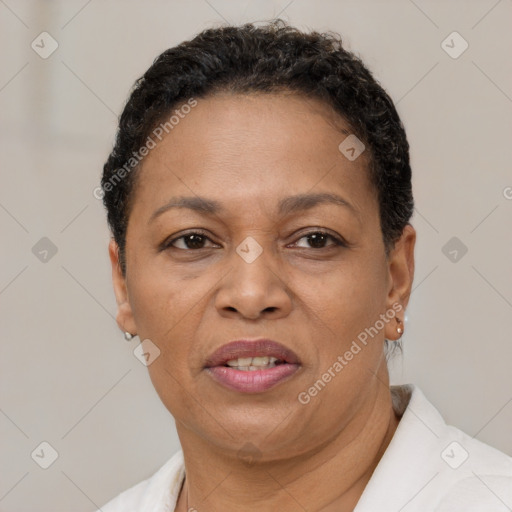 Joyful black adult female with short  brown hair and brown eyes