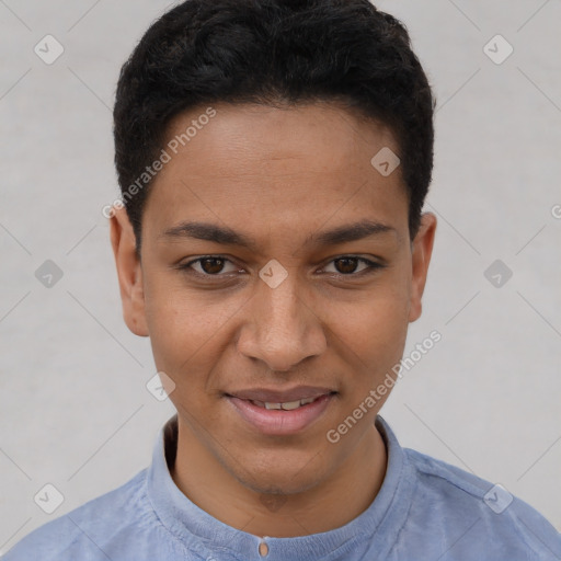 Joyful latino young-adult male with short  brown hair and brown eyes