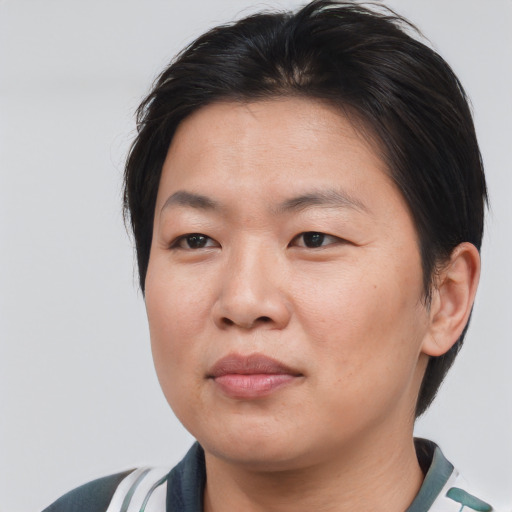 Neutral asian young-adult female with medium  brown hair and brown eyes