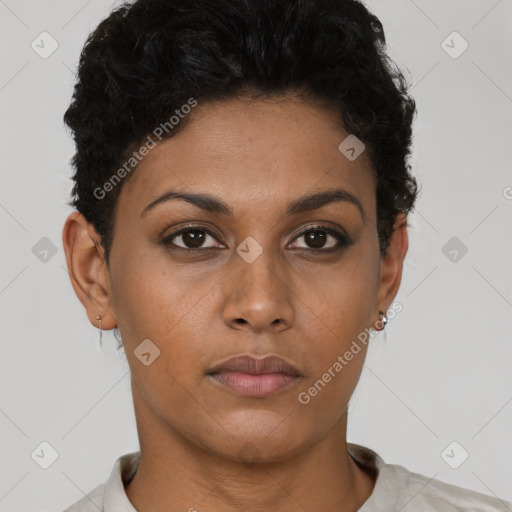 Neutral black young-adult female with short  brown hair and brown eyes