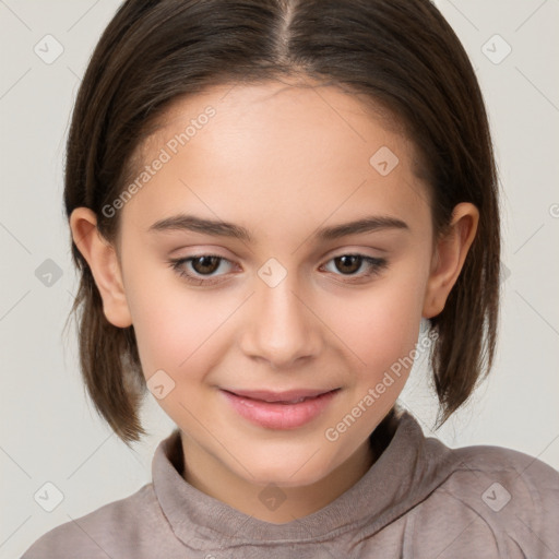 Joyful white child female with medium  brown hair and brown eyes