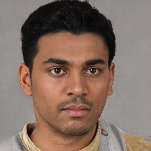 Neutral latino young-adult male with short  black hair and brown eyes