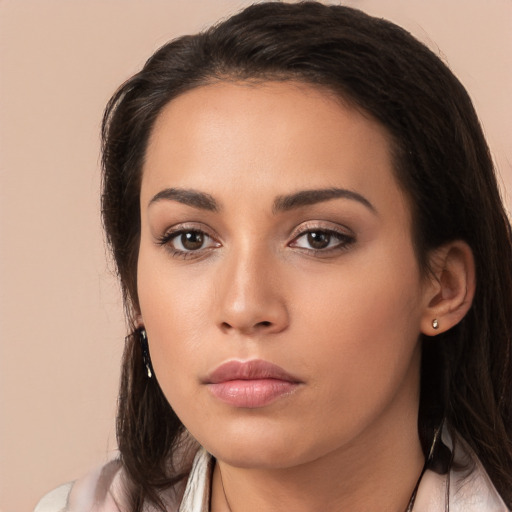 Neutral white young-adult female with long  black hair and brown eyes