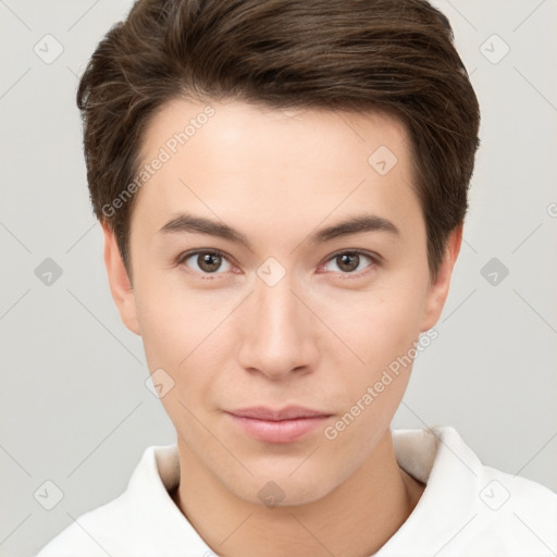 Neutral white young-adult male with short  brown hair and brown eyes