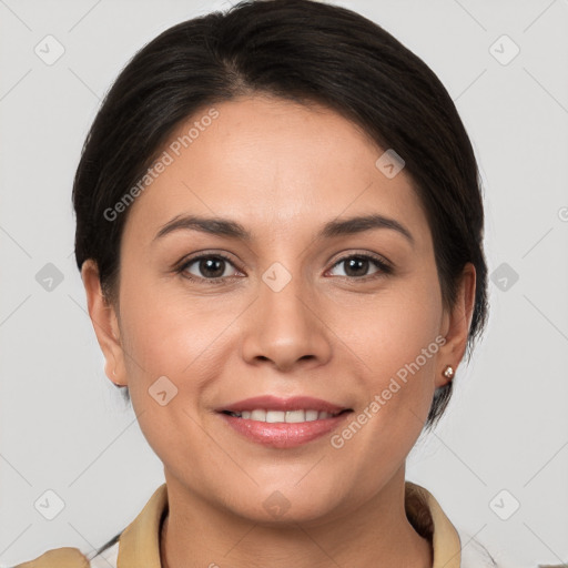 Joyful white young-adult female with medium  brown hair and brown eyes