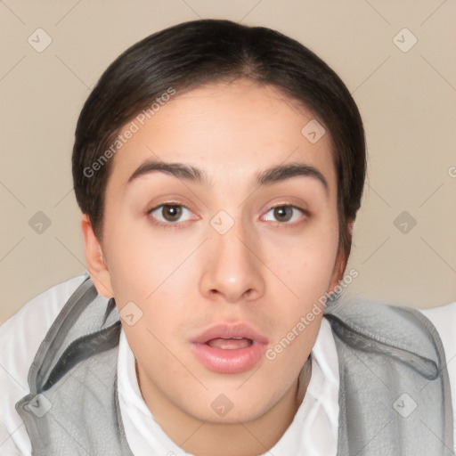 Neutral white young-adult female with short  brown hair and brown eyes