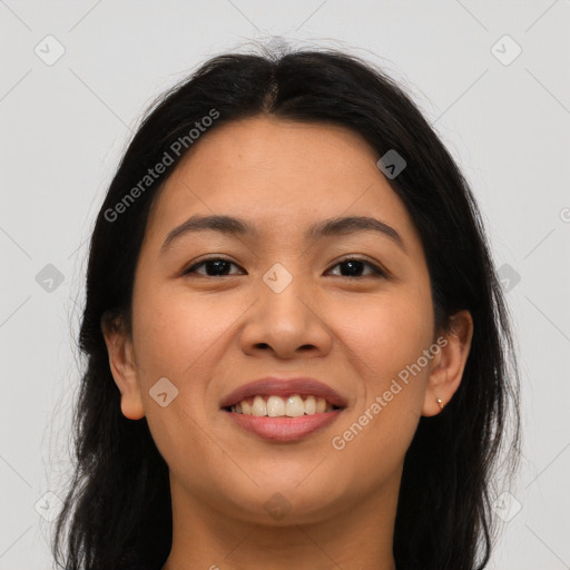 Joyful asian young-adult female with long  brown hair and brown eyes