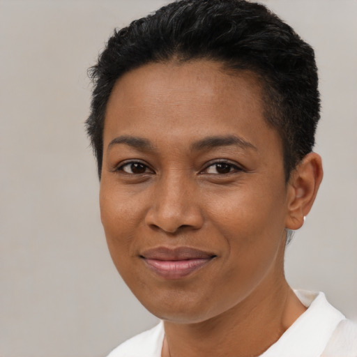 Joyful black young-adult female with short  brown hair and brown eyes