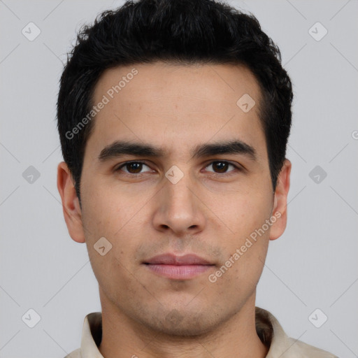 Neutral white young-adult male with short  black hair and brown eyes