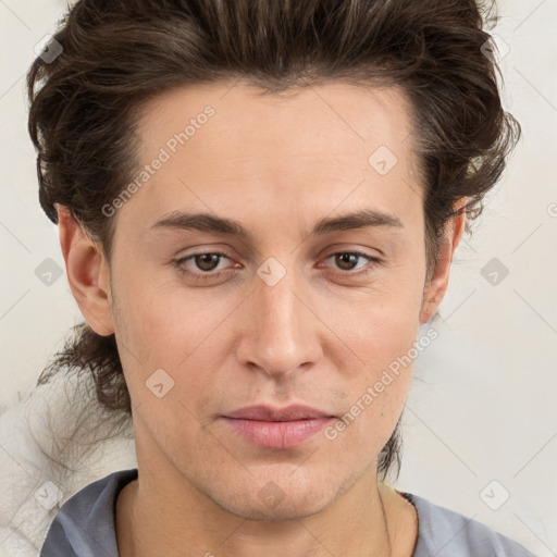 Joyful white young-adult male with medium  brown hair and brown eyes