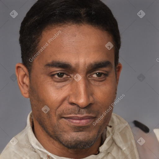 Joyful latino adult male with short  brown hair and brown eyes