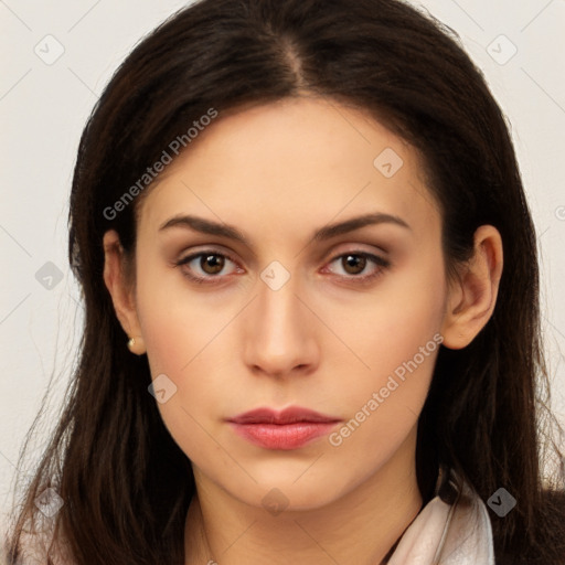 Neutral white young-adult female with long  brown hair and brown eyes