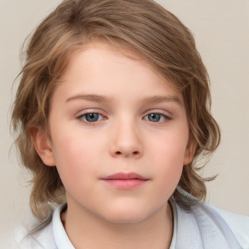 Neutral white child female with medium  brown hair and blue eyes