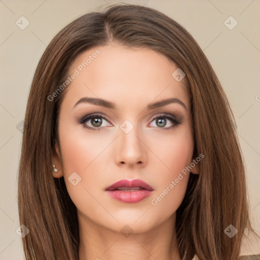 Neutral white young-adult female with long  brown hair and brown eyes