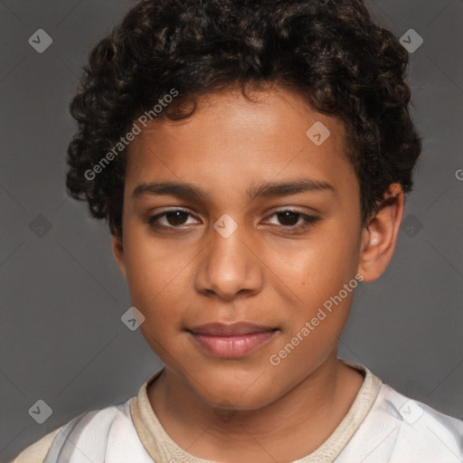 Joyful white child female with short  brown hair and brown eyes