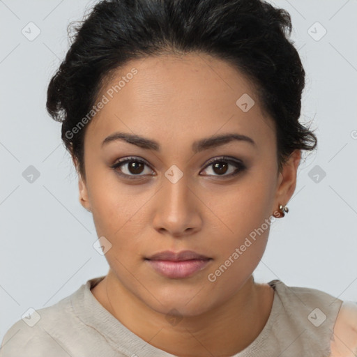 Neutral latino young-adult female with short  black hair and brown eyes