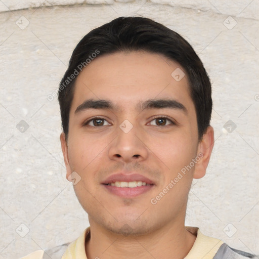 Neutral asian young-adult male with short  black hair and brown eyes